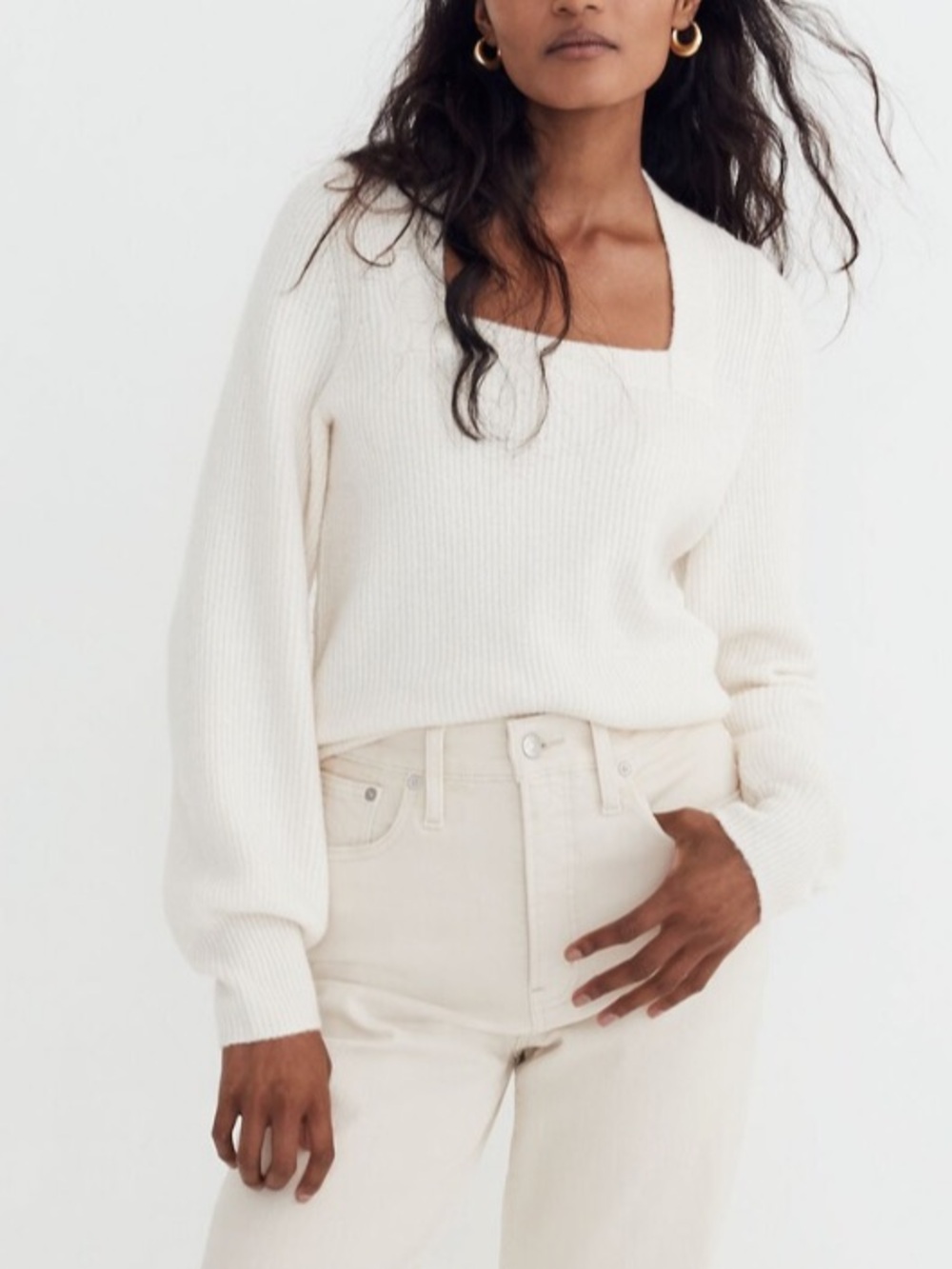 Madewell Square Neck Sweater Balloon Sleeve Coziest Yarn Cream Neutral Small